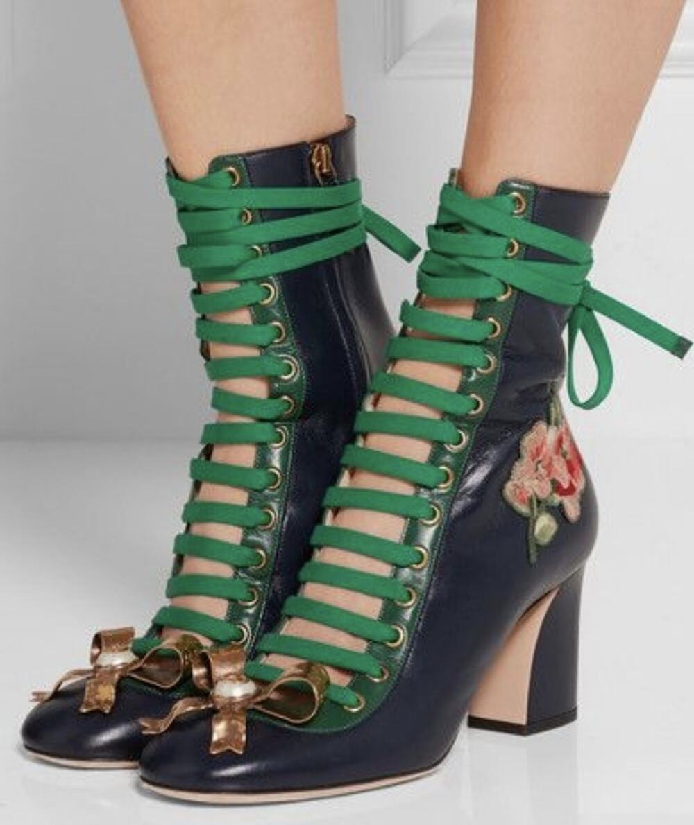 NWB Gucci Rihanna Finnlay Black Green Embroidered Lace Up Wedge Heel Booties 36